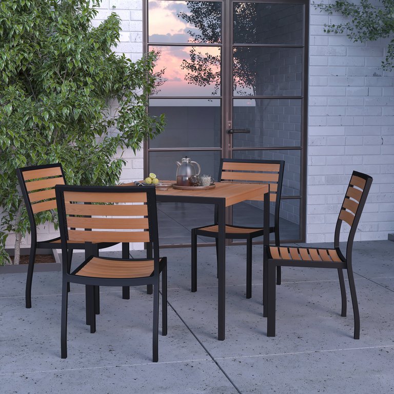 Kersey 5 Piece Patio Table and Chairs Set Faux Teak Wood And Metal Indoor/Outdoor Table And Chairs With All-Weather Purpose - Brown