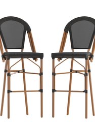 Mael Set Of Two Stacking French Bistro Style Bar Stools With Textilene Seat And Bamboo Finished Metal Frame For Indoor/Outdoor Use