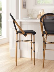 Mael Set Of Two Stacking French Bistro Style Bar Stools With Textilene Seat And Bamboo Finished Metal Frame For Indoor/Outdoor Use