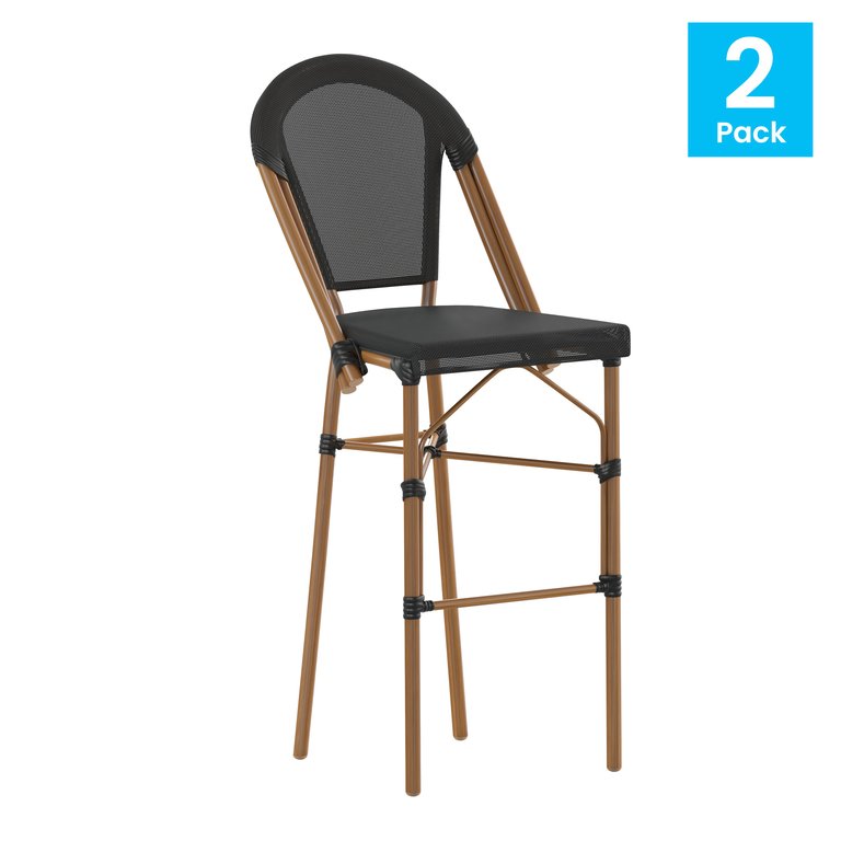 Mael Set Of Two Stacking French Bistro Style Bar Stools With Textilene Seat And Bamboo Finished Metal Frame For Indoor/Outdoor Use - Black