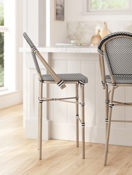 Mael Set Of Two Stacking French Bistro Style Bar Stools With Textilene Seat And Bamboo Finished Metal Frame For Indoor/Outdoor Use - White