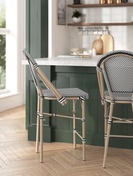 Mael Set Of Two Stacking French Bistro Style Counter Stools With Textilene Seat And Bamboo Finished Metal Frame For Indoor/Outdoor Use - White