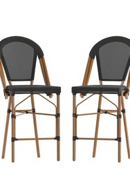 Mael Set Of Two Stacking French Bistro Style Counter Stools With Textilene Seat And Bamboo Finished Metal Frame For Indoor/Outdoor Use