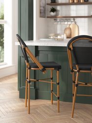Mael Set Of Two Stacking French Bistro Style Counter Stools With Textilene Seat And Bamboo Finished Metal Frame For Indoor/Outdoor Use - Black