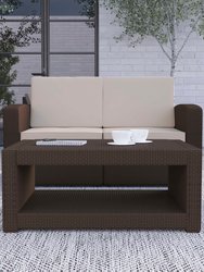 Malmok Outdoor Furniture Coffee Table Chocolate Brown Faux Rattan Wicker Pattern All-Weather Patio Coffee Table With Shelving - Chocolate Brown