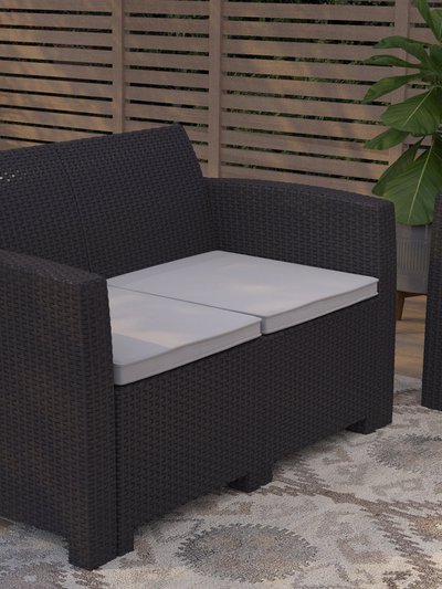 Merrick Lane Malmok Outdoor Furniture Resin Loveseat Dark Gray Faux Rattan Wicker Pattern 2-Seat Loveseat With All-Weather Beige Cushions product