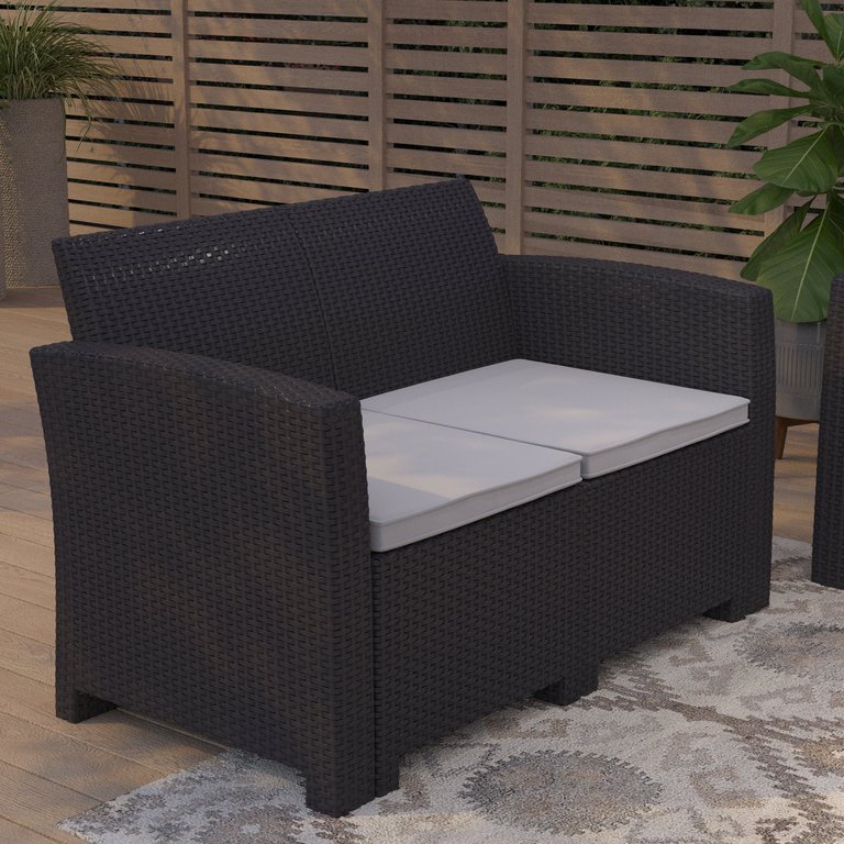 Malmok Outdoor Furniture Resin Loveseat Dark Gray Faux Rattan Wicker Pattern 2-Seat Loveseat With All-Weather Beige Cushions - Dark gray