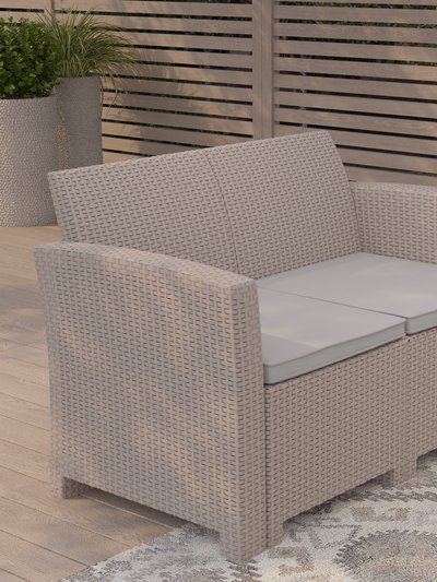 Merrick Lane Malmok Outdoor Furniture Resin Loveseat Light Gray Faux Rattan Wicker Pattern 2-Seat Loveseat With All-Weather Beige Cushions product