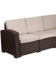 Malmok Outdoor Furniture Resin Sofa Chocolate Brown Faux Rattan Wicker Pattern Patio 3-Seat Sofa With All-Weather Beige Cushions