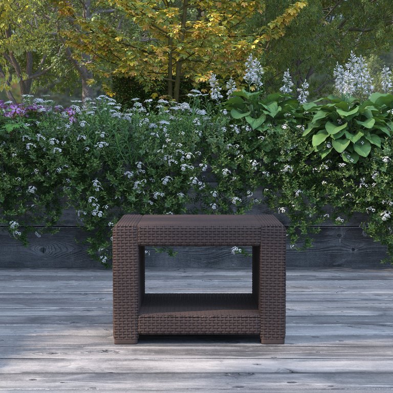 Malmok Outdoor Furniture Side Table Chocolate Brown Faux Rattan Wicker Pattern All-Weather Patio Side Table With Shelving - Chocolate Brown