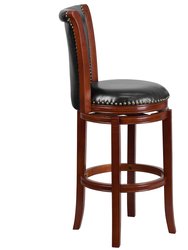 Marin 30" Dark Chestnut Wooden Bar Stool with Black Faux Leather Upholstered Swivel Seat and Brass Nail Head Trim