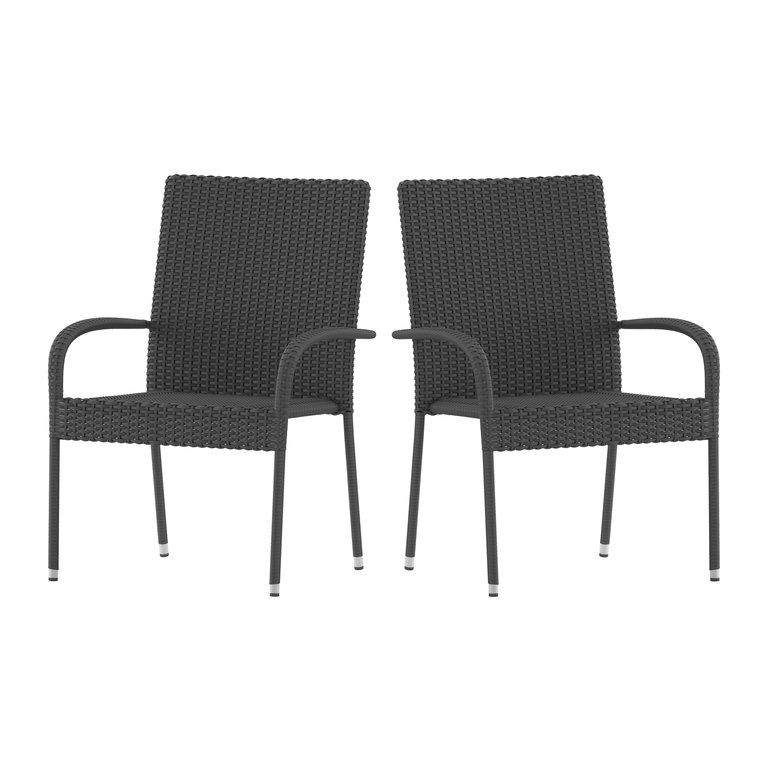 Mathias Set Of 2 Indoor/Outdoor Gray Wicker Patio Chairs With Powder Coated Steel Frame, Comfortably Curved Back And Arms