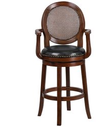 Mathieu 30" Swivel Bar Stool With Oval Rattan Back, Arms And Black Faux Leather Upholstered Swivel Seat In Espresso - Brown