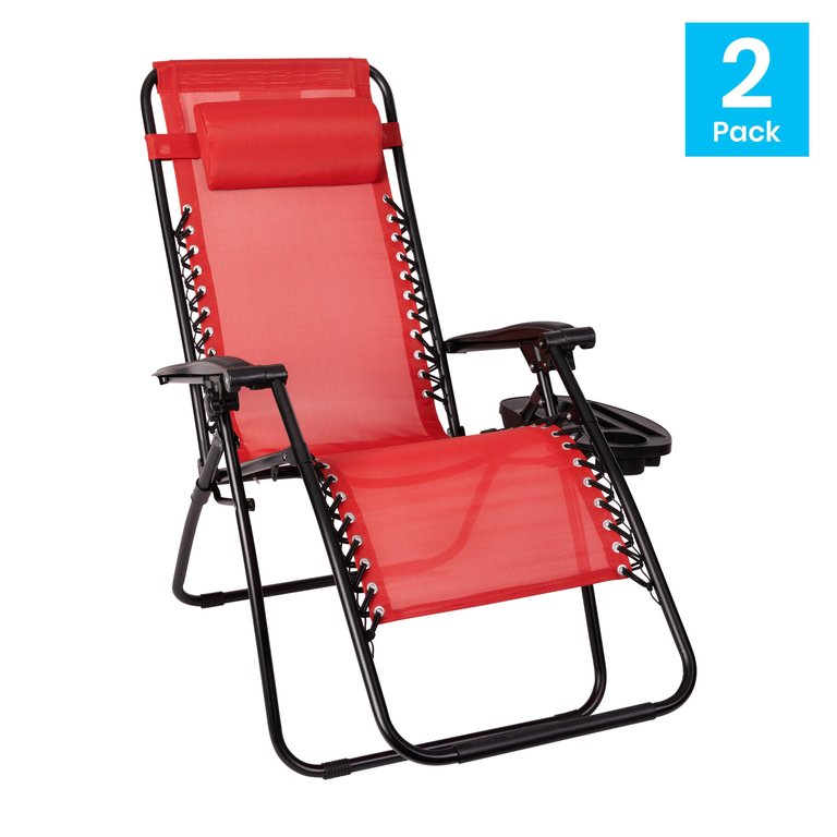 Merrill Set Of 2 Red Folding Mesh Upholstered Zero Gravity Chair With Removable Pillow And Cupholder Tray - Red
