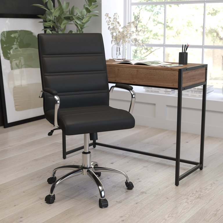 Milano Contemporary Mid-Back Black Faux Leather Home Office Chair With Padded Chrome Arms - Black