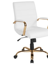 Milano Contemporary Mid-Back White Faux Leather Home Office Chair With Padded Gold Arm