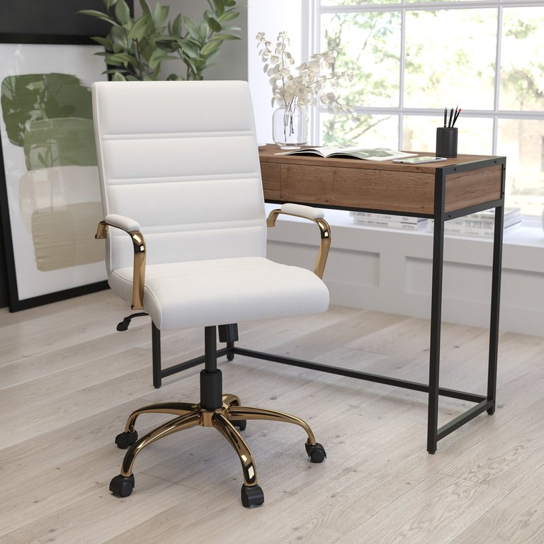 Milano Contemporary Mid-Back White Faux Leather Home Office Chair With Padded Gold Arm - White