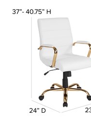 Milano Contemporary Mid-Back White Faux Leather Home Office Chair With Padded Gold Arm