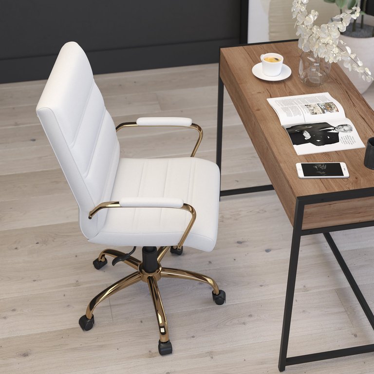 Milano Contemporary Mid-Back White Faux Leather Home Office Chair With Padded Gold Arm