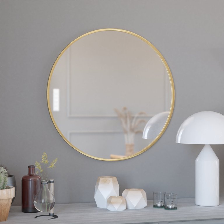 Monaco 30" Round Accent Wall Mirror In Gold With Metal Frame For Bathroom, Vanity, Entryway, Dining Room, Living Room - Gold