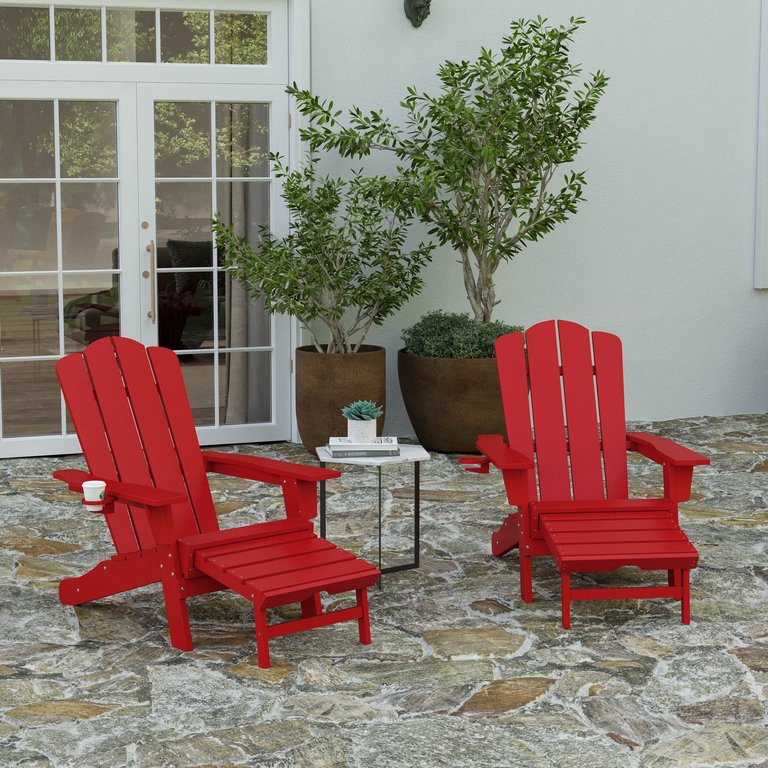 Nassau Adirondack Chair With Cup Holder And Pull Out Ottoman, All-Weather HDPE Indoor/Outdoor Lounge Chair, Set Of 2 - Red