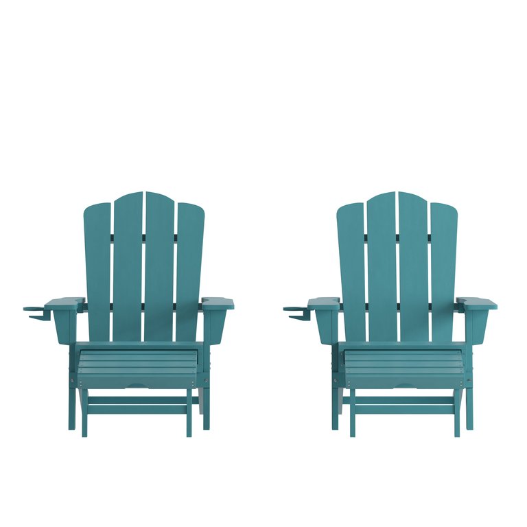 Nassau Adirondack Chair With Cup Holder And Pull Out Ottoman, All-Weather HDPE Indoor/Outdoor Lounge Chair, Set Of 2 - Blue