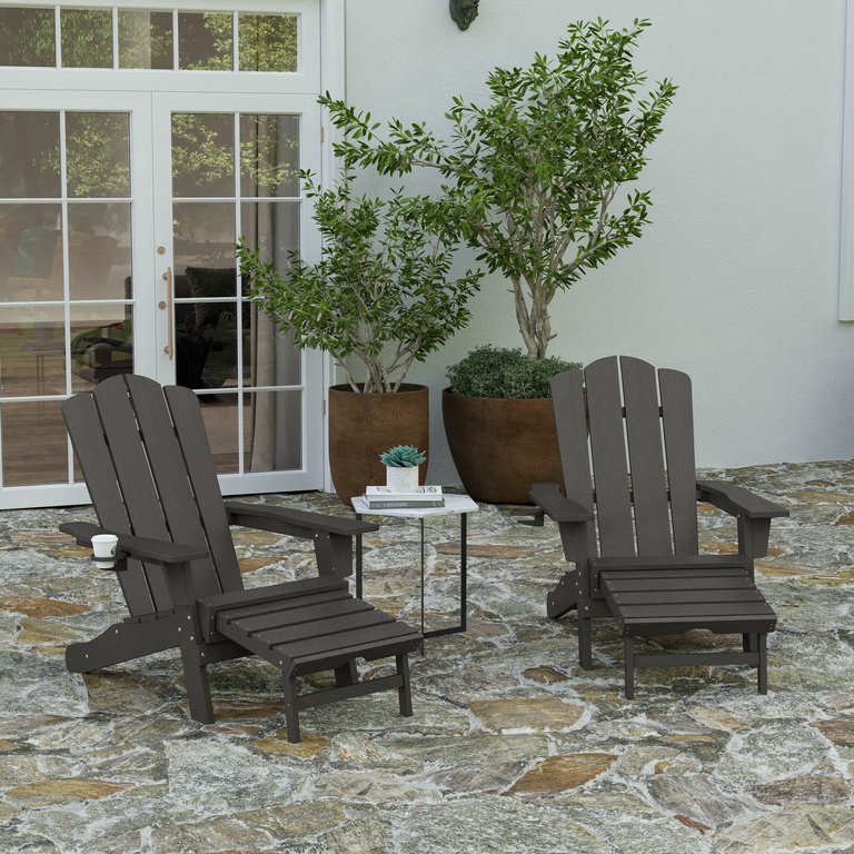 Nassau Adirondack Chair With Cup Holder And Pull Out Ottoman, All-Weather HDPE Indoor/Outdoor Lounge Chair, Set Of 2 - Gray