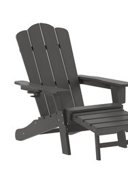 Nassau Adirondack Chair With Cup Holder And Pull Out Ottoman, All-Weather HDPE Indoor/Outdoor Lounge Chair - Gray