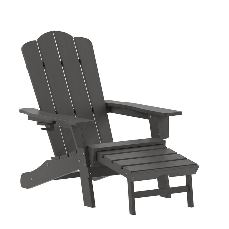 Nassau Adirondack Chair With Cup Holder And Pull Out Ottoman, All-Weather HDPE Indoor/Outdoor Lounge Chair - Gray