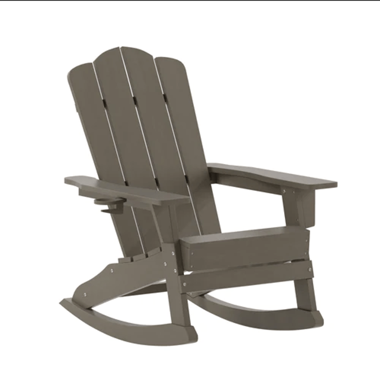 Nassau Adirondack Rocking Chair With Cup Holder, Weather Resistant HDPE Adirondack Rocking Chair - Brown