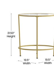 Newbury Glass End Table with Round Brushed Gold Frame and Vertical Legs