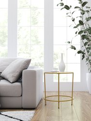 Newbury Glass End Table with Round Brushed Gold Frame and Vertical Legs - Clear