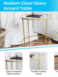 Newbury Glass End Table with Round Brushed Gold Frame and Vertical Legs
