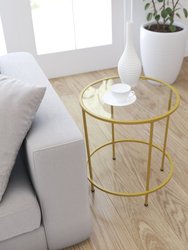 Newbury Glass End Table with Round Brushed Gold Frame and Vertical Legs