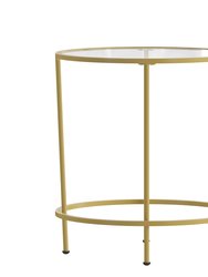 Newbury Glass End Table with Round Brushed Gold Frame and Vertical Legs