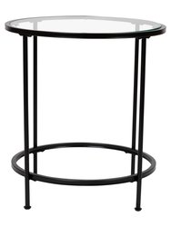 Newbury Glass End Table with Round Matte Black Frame and Vertical Legs
