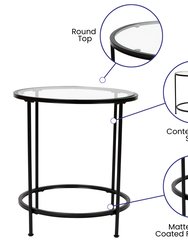 Newbury Glass End Table with Round Matte Black Frame and Vertical Legs