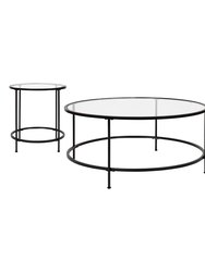 Newbury Round Glass Coffee Table Set - 3 Piece Clear Glass Table Set with Vertical Legs
