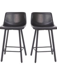 Oretha Modern Black Faux Leather Upholstered Counter Stools With Contoured, Low Back Bucket Seats And Iron Frames - Set Of 2