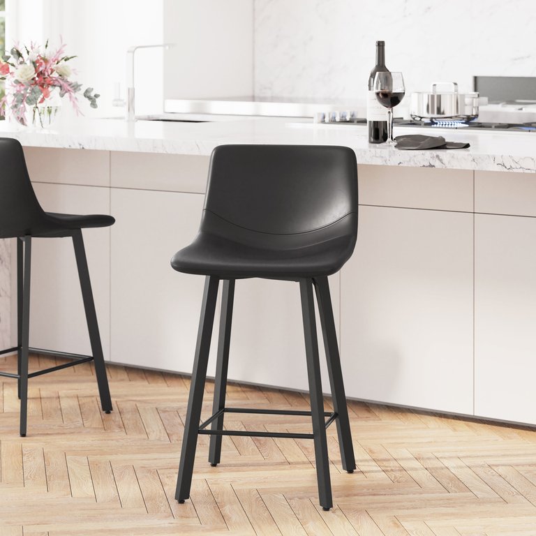 Oretha Modern Black Faux Leather Upholstered Counter Stools With Contoured, Low Back Bucket Seats And Iron Frames - Set Of 2 - Black
