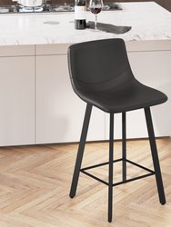 Oretha Modern Black Faux Leather Upholstered Counter Stools With Contoured, Low Back Bucket Seats And Iron Frames - Set Of 2