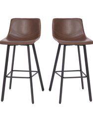 Oretha Set Of 2 Modern Chocolate Brown Faux Leather Upholstered Bar Stools With Contoured, Low Back Bucket Seats And Iron Frames