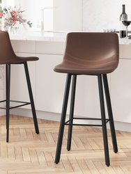 Oretha Set Of 2 Modern Chocolate Brown Faux Leather Upholstered Bar Stools With Contoured, Low Back Bucket Seats And Iron Frames - Chocolate Brown