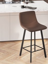 Oretha Set Of 2 Modern Chocolate Brown Faux Leather Upholstered Counter Stools With Contoured, Low Back Bucket Seats And Iron Frames
