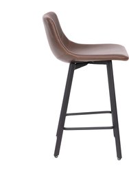 Oretha Set Of 2 Modern Chocolate Brown Faux Leather Upholstered Counter Stools With Contoured, Low Back Bucket Seats And Iron Frames