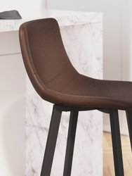 Oretha Set Of 2 Modern Chocolate Brown Faux Leather Upholstered Counter Stools With Contoured, Low Back Bucket Seats And Iron Frames