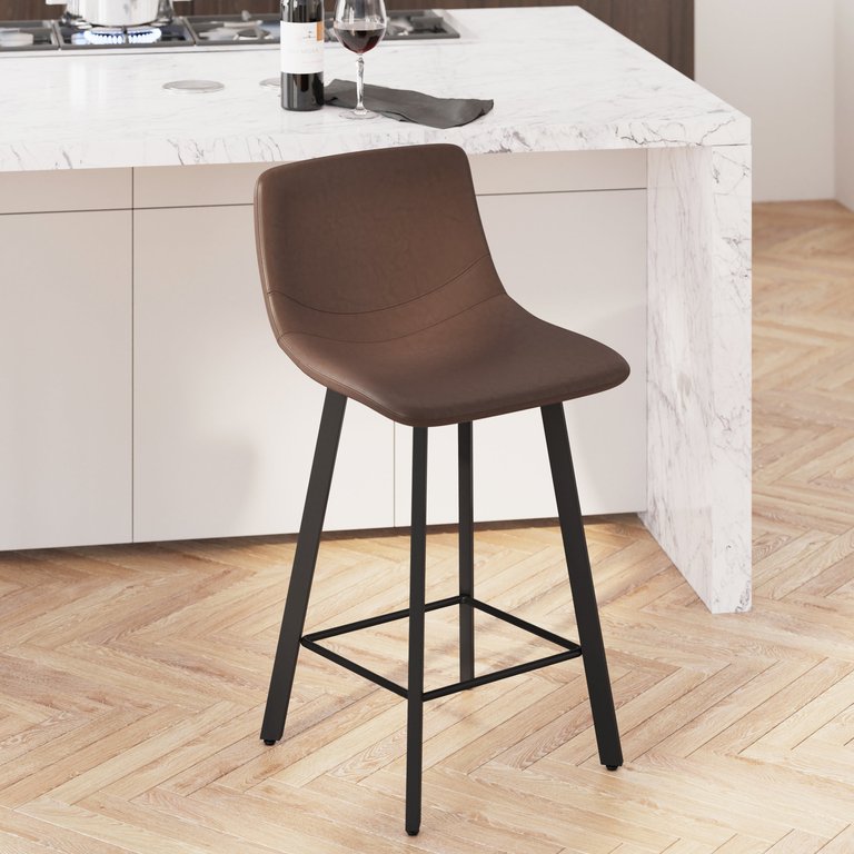 Oretha Set Of 2 Modern Chocolate Brown Faux Leather Upholstered Counter Stools With Contoured, Low Back Bucket Seats And Iron Frames