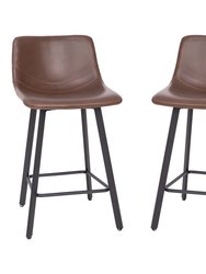 Oretha Set Of 2 Modern Chocolate Brown Faux Leather Upholstered Counter Stools With Contoured, Low Back Bucket Seats And Iron Frames