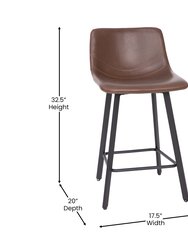 Oretha Set Of 2 Modern Chocolate Brown Faux Leather Upholstered Counter Stools With Contoured, Low Back Bucket Seats And Iron Frames