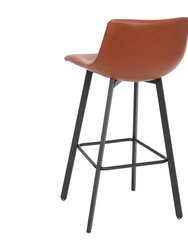 Oretha Set Of 2 Modern Cognac Faux Leather Upholstered Bar Stools With Contoured, Low Back Bucket Seats And Iron Frames